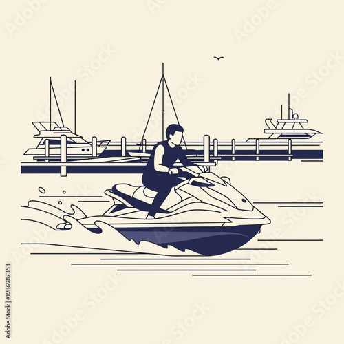 Modern Watercraft Fun In Coastal Marina With Elegant Yachts Docked