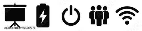 Collection of flat black icons for digital interfaces, symbolizing presentation setup, battery charge, power control, group collaboration, and wireless network.