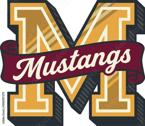 Mustangs Collegiate Lettermark M Emblem with Script Banner for School Sports Team Branding Varsity Apparel and Athletic Merchandise