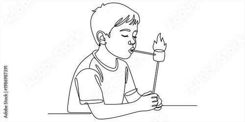 A young boy carefully blowing out a flame on a toasted marshmallow held on a wooden stick. Vector, illustration