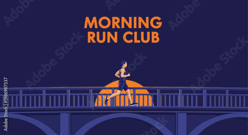 Morning Run Club Athletic Runner Crossing Bridge At Sunrise