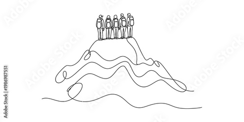 Five hikers standing on the summit of a mountain in a continuous line drawing style Vector, illustration