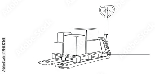 Continuous line drawing of a pallet jack transporting stacked boxes on a wooden pallet for logistics and freight operations
