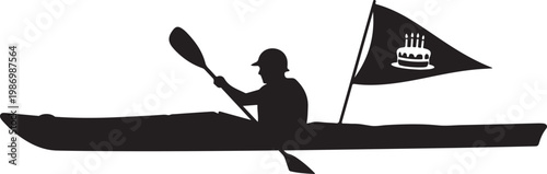 Kayaking silhouette, black kayak icon, paddle boat vector, sailing flag