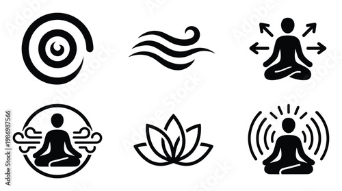 Minimalist meditation and spiritual wellness icons representing inner peace and mindful living concepts.