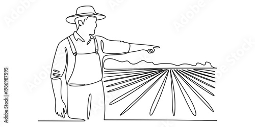 Continuous line drawing of a farmer in a hat and overalls pointing at a large crop field. Vector, illustration