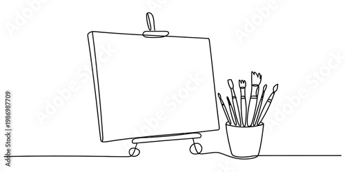Continuous line drawing of a blank canvas on an easel next to a cup of various paintbrushes. Vector, illustration