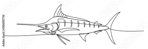 Minimalist continuous line drawing of a majestic marlin fish suitable for marine sport branding and ocean themes