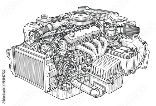 Detailed line drawing of an automotive engine bay showing mechanical components for technical education