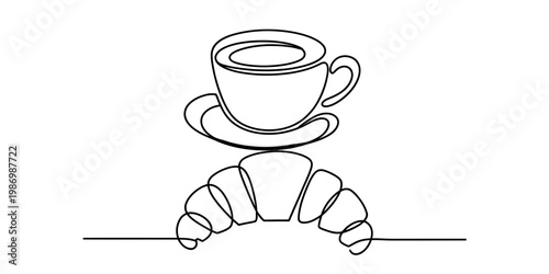 Continuous line art illustration of a morning breakfast featuring a coffee cup and croissant Vector, illustration