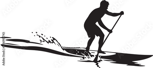 Stand up paddleboard, SUP surfing vector, black silhouette, water sports icon
