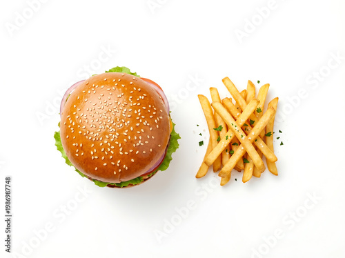 top view of burger with fries arranged in minimal composition isolated on pure white background clean commercial food photography