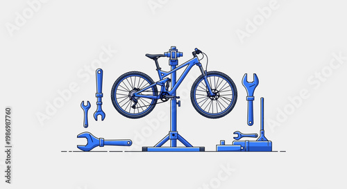 Mountain Bike Repair Stand With Tools And Bicycle Maintenance Equipment