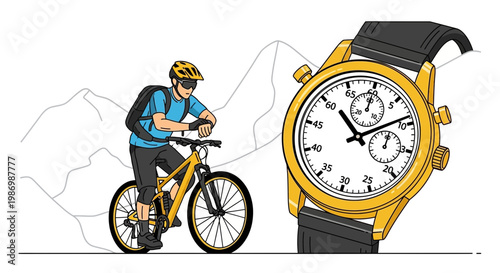 Mountain Biker Checking Time On Wristwatch During Outdoor Expedition