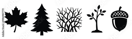 Assortment of versatile tree, leaf, and acorn silhouettes providing essential natureinspired design elements for various outdoor themes