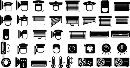 Smart home automation icons set featuring air conditioning units, window blinds, outdoor wall lighting, digital thermostats, power switches, and climate control ventilation systems.