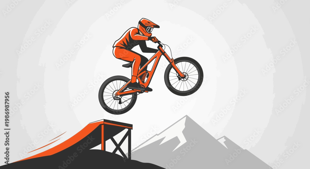 Fototapeta premium Orange Mountain Biker Soaring Through Air Over Ramp