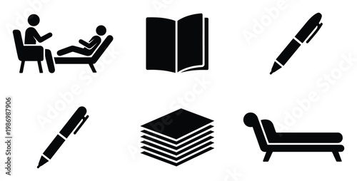 Versatile pictogram set representing psychology, therapy, education, and professional office activities for mental health support and academic resources.