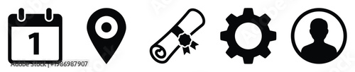 Digital interface icons calendar, location pin, diploma, gear, and user profile for web and mobile applications