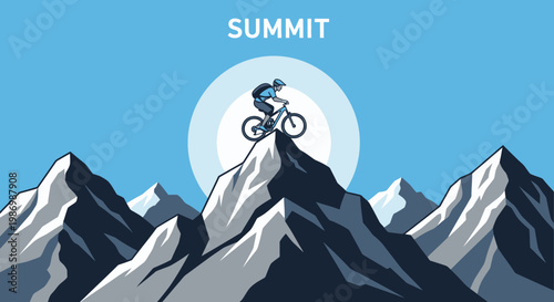 Mountain Biker Reaches Summit Under Bright Circular Sun Symbolizing Achievement