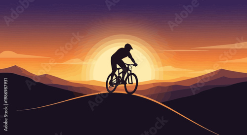 Mountain Biker Silhouette Against A Dramatic Sunset Sky
