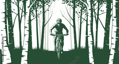 Mountain Biker Riding Through Birch Forest Trail Adventure