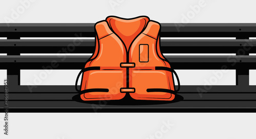 Orange Life Vest Resting On A Dark Horizontal Bench