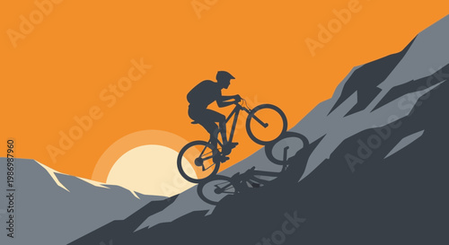 Mountain Biker Silhouette Ascending Rocky Trail During Golden Sunset Adventure