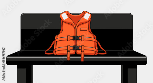 Orange Life Vest Resting On A Modern Black Bench