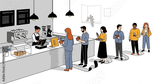 People waiting in line at a coffee shop.