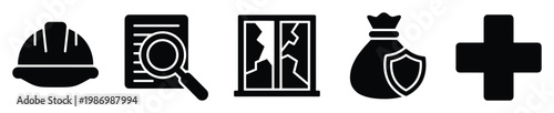Comprehensive safety and insurance claim process glyph icons for financial and risk management projects