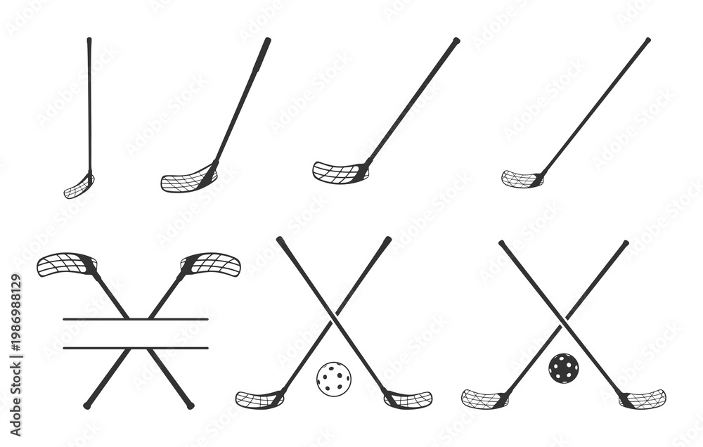 Obraz premium Floorball stick and ball silhouette, Floorball stick and ball svg, Crossed floorball stick silhouette, Floorball stick svg, Floorball stick silhouette, Floorball stick and ball vectors.