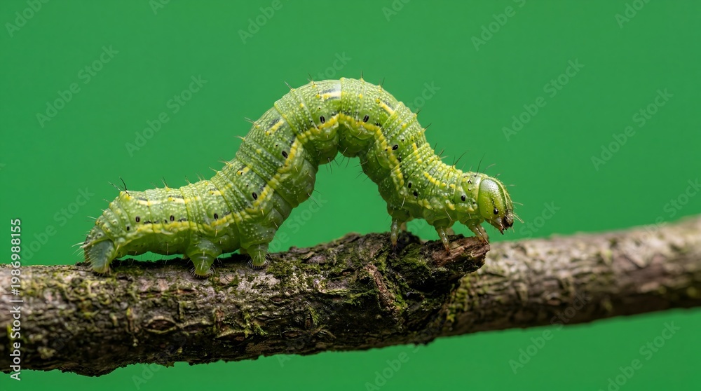 Fototapeta premium A bright green inchworm caterpillar walking along a brown twig.