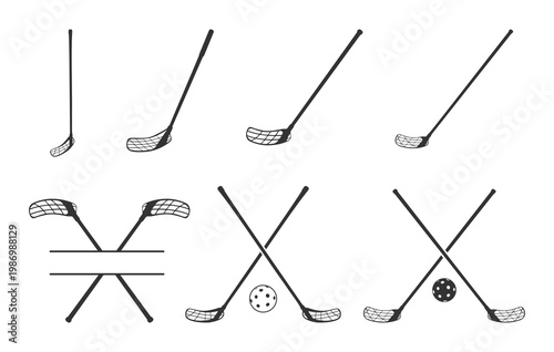 Floorball stick and ball silhouette, Floorball stick and ball svg, Crossed floorball stick silhouette, Floorball stick svg, Floorball stick silhouette, Floorball stick and ball vectors.