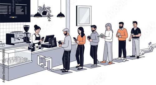 People waiting in line at a modern coffee shop.
