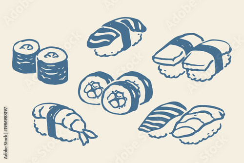 Sushi set naive doodle vector illustration