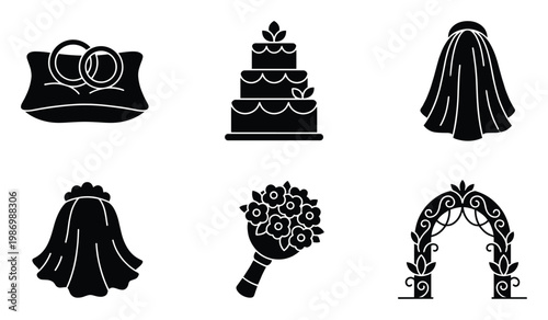 Wedding celebration glyph icons featuring rings cake bridal veils bouquet and elegant arch for event planning materials