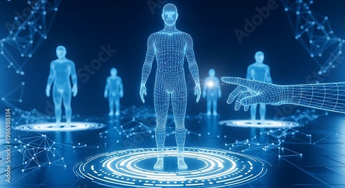 Wireframe human figures in digital network with glowing blue grid lines