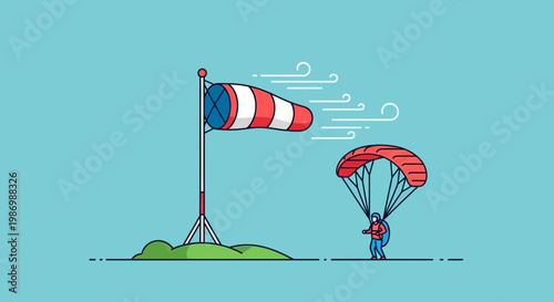Parachutist Ascends With Windsock Indicating Gusty Air Travel Conditions