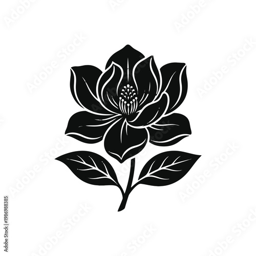 Billede på lærred Stylized black lotus flower silhouette with two leaves.