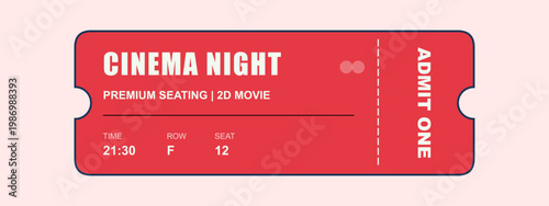Vintage cinema night ticket illustration with red and white design