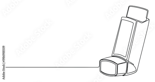 Continuous line drawing of an asthma inhaler representing breathing relief and health for medical and wellness content