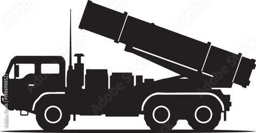 Black silhouette truck mounted missile launcher, military vehicle icon, rocket launcher, combat equipment