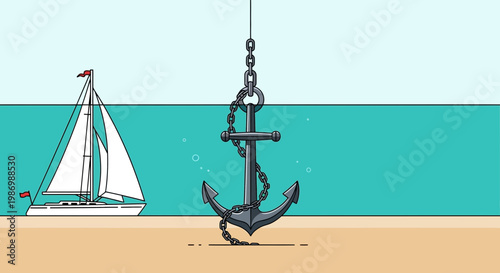 Nautical Adventure Awaits With A Sailboat And Anchored Vessel