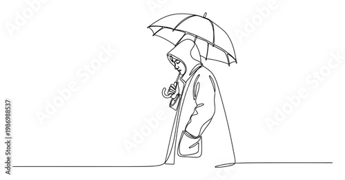 Person in hooded raincoat holding umbrella continuous line drawing for weather related concepts or minimalistic graphic projects