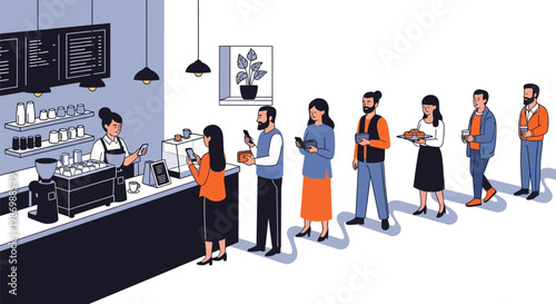 People waiting in line at a coffee shop.