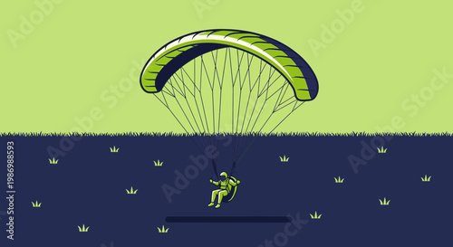 Paraglider Descending Above Grassy Field Illustration Minimalist Style