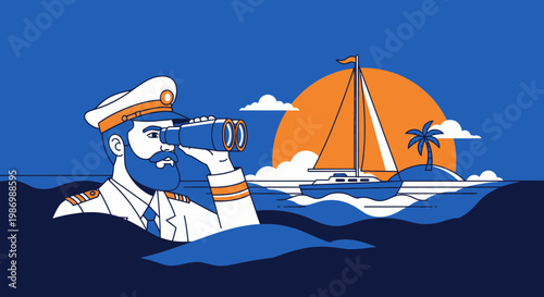 Nautical Captain Gazing Through Binoculars Towards Distant Sailboat at Sunset