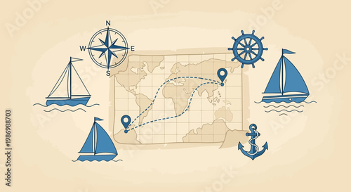 Nautical Journey Voyage Around The World Map Illustration