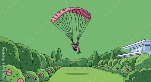 Paraglider Descends Gently Into Lush Garden Oasis Near Modern Residence